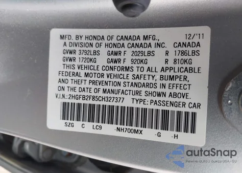 2012 Honda Civic Ex from USA, damaged, VIN 2HGFB2F85CH327377